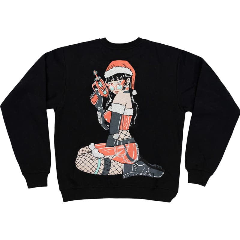 back view of black crew neck sweatshirt that shows a huge embroidered design of a santa outfit girl holding a ray gun