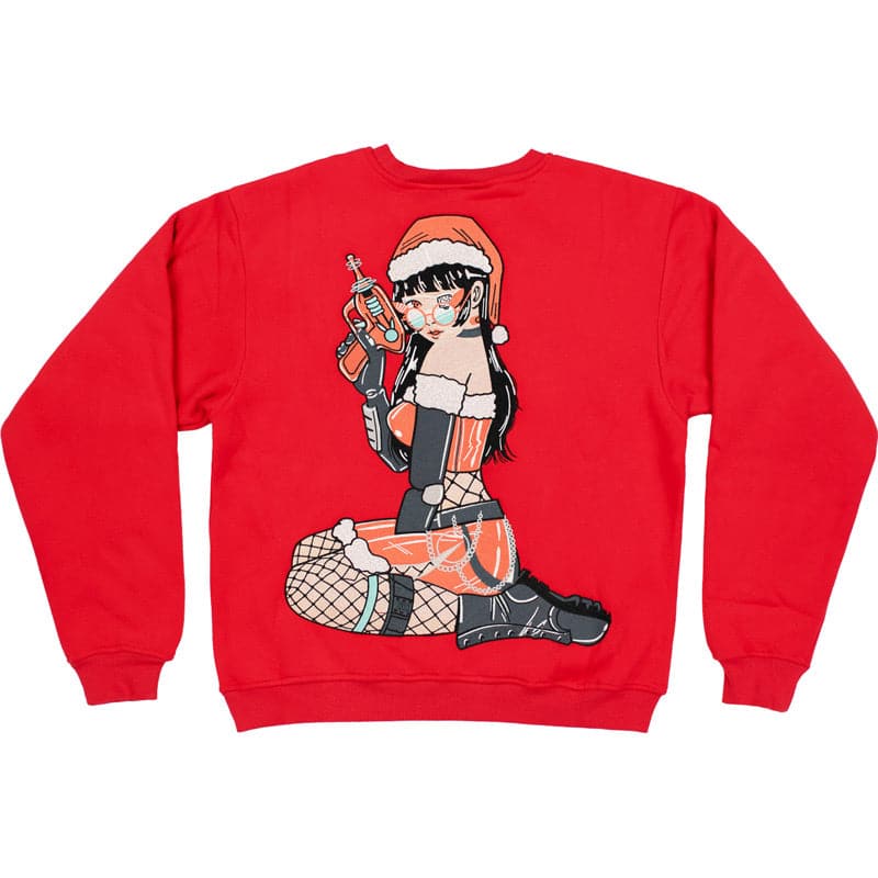 back view of red sweater showing embroidered design of santa girl holding a ray gun