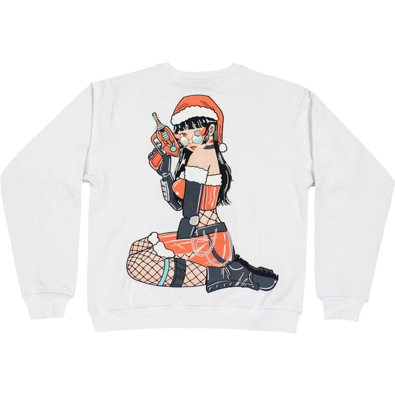 back view of white sweater with embroidered santa bunny girl holding a ray gun