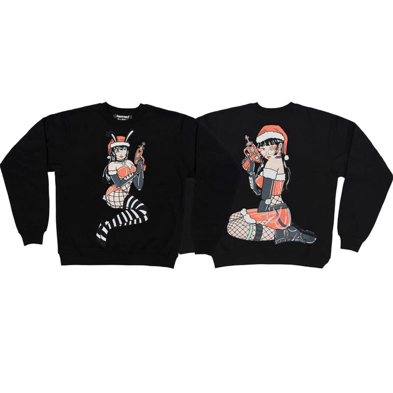 front and back view of embroidered black crew neck sweater. the designs have the same bunny santa girl embroidered. she is holding a ray gun in both designs