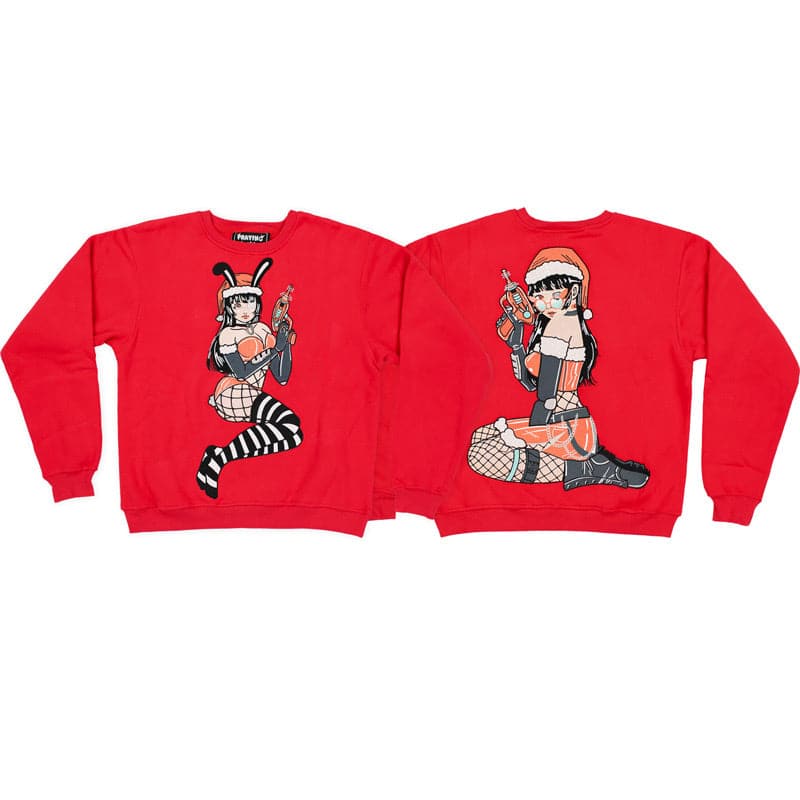 front and back view of embroidered red crew neck sweaters. the design shows the same santa bunny girl on the front and back. she is holding a ray gun