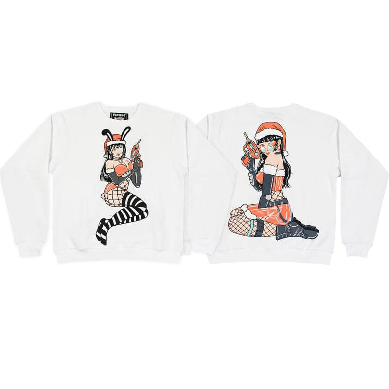 front and back view of white sweater showing embroidered santa bunny girl holding ray gun