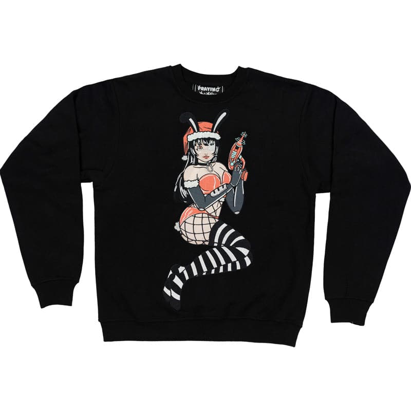 black crew neck sweatshirt with a huge embroidered design on the front. the design shows a bunny girl wearing a santa outfit. she is holding a ray gun in her hands