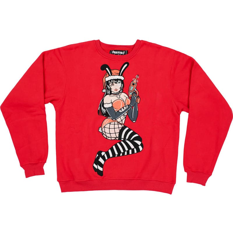 red crew neck sweater with embroidered bunny girl wearing santa outfit. she has a ray gun