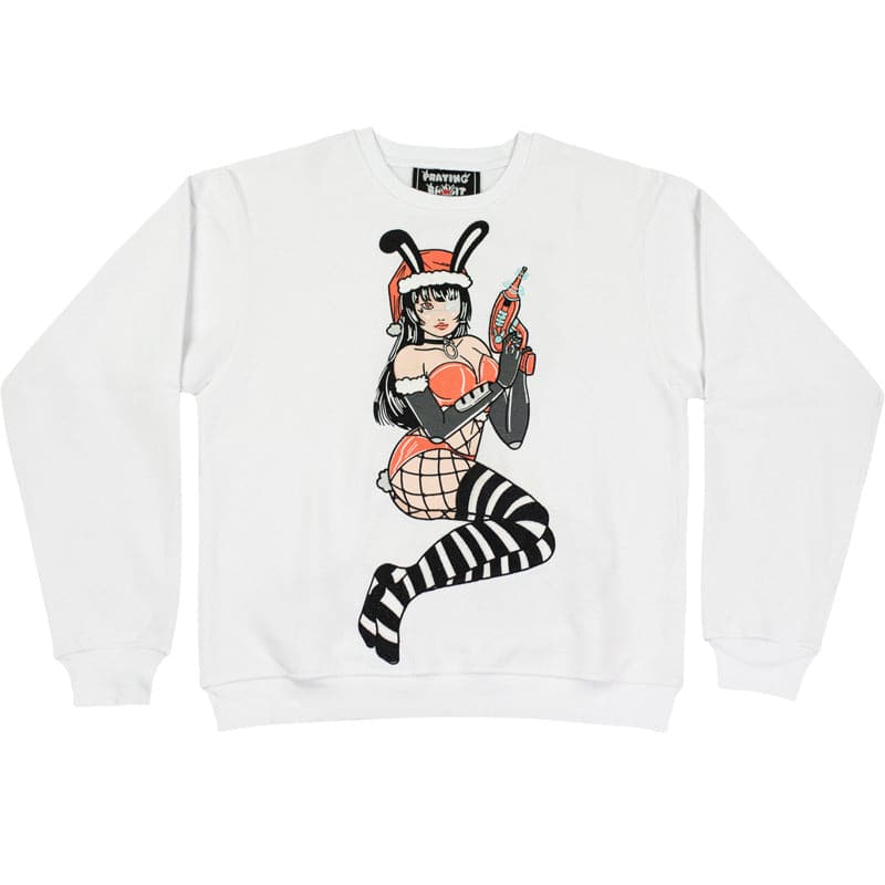 white crew neck sweater with embroidered design of santa bunny girl in a cute outfit. she is holding a ray gun in her hands and has bunny ears on her santa hat